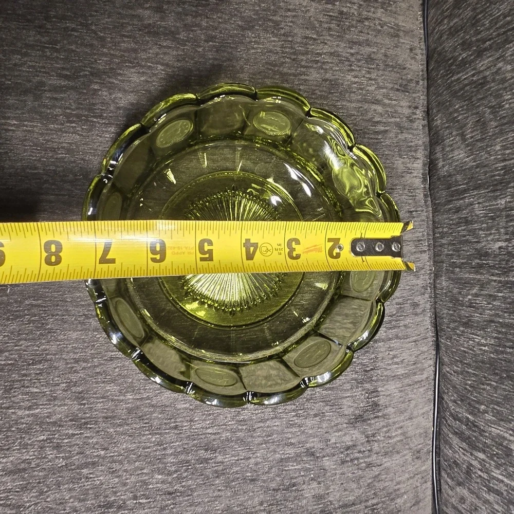 Fostoria Coin Glass Olive Green Scalloped Fruit Bowl Frosted‎ Liberty Bell Eagle